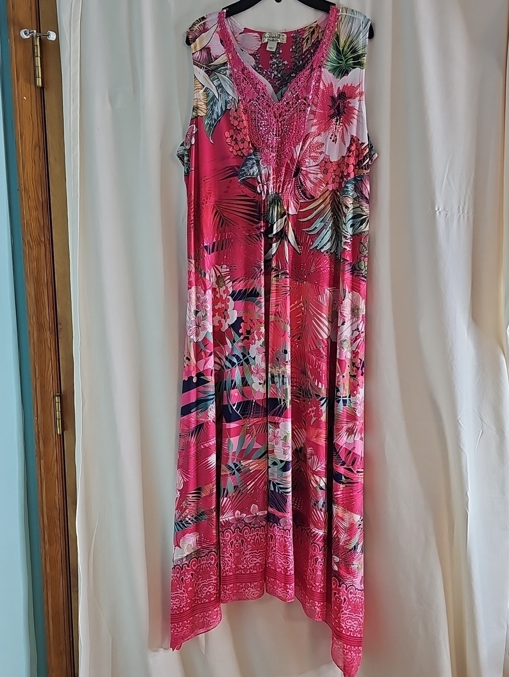 ONE WORLD Pink Tropical Crochet-Trim Front Maxi Dress